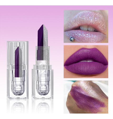 Lápiz Labial Degradado De Dos Tonos, 2 En Uno, Morado, Silve