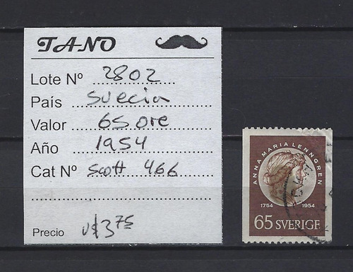 Lote2802 Suecia 65 Ore Año 1954 Scott# 466