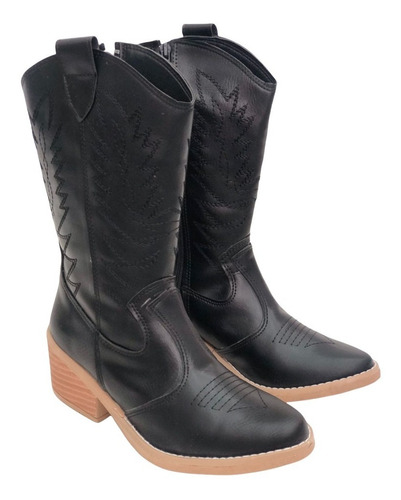 Bota Texana Mujer Bordada Caña Media  Tendencia Moda Negro