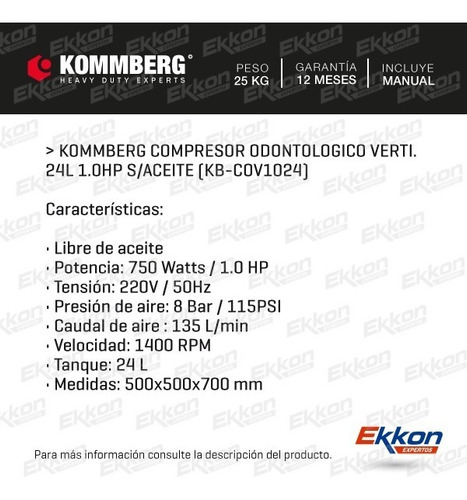 Imagen 2 de 8 de Compresor Odontológico Kommberg 24 Litros 1 Hp S/aceite