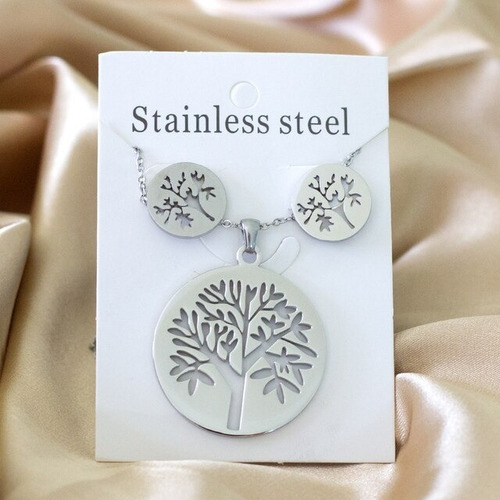 Imagen 7 de 8 de Conjunto Collar Aretes Dije Árbol De La Vida Cadena Acero