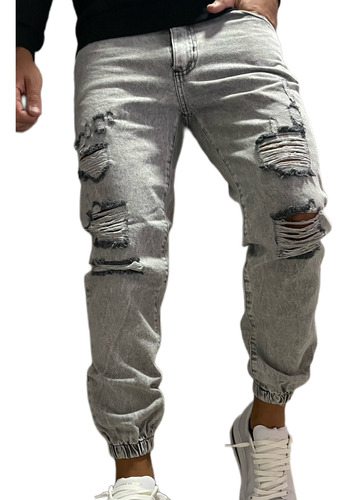 Jeans Mom Gris Con Rotura Pantalon Hombre Overside