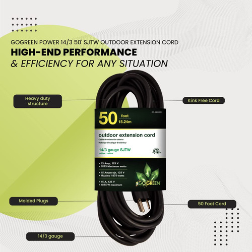 Cable De Extensión Gogreen Power Gg-13850bk 14/3 50 Pies Neg