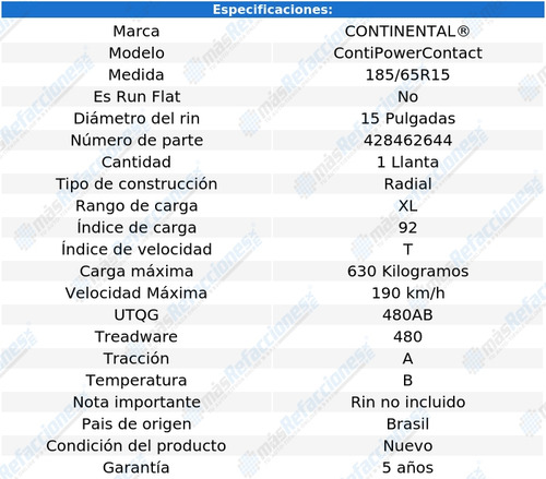 Llanta 185/65r15 92t Continental Contipowercontact
