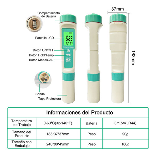 Medidor Ph/tds/ec/salinidad/orp/sg/temp Probador Agua 7 En 1 Bolígrafo de Prueba de Calidad del Agua Portátil de Alta Precisión de 0.01 EC Multifuncional para Hidroponía Piscina Color Verde