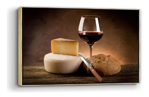 Cuadro Enmarcado Flotado Queso, Vino Y Pan 90x140cm Colores Champagne