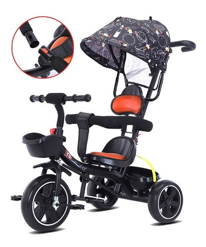 Triciclo Negro Multifunción Con Sombrilla Para Niños