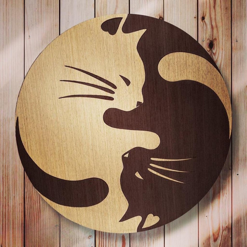 Cuadro Decorativo Madera Natural Gatos Yin Yang