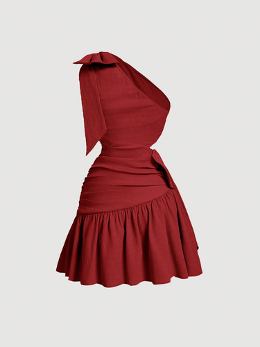 Vestido Mini De Cintura Corta Con Cuello Asimétrico Y Corba