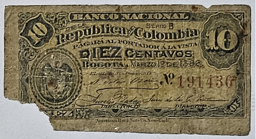 Billete 10 Centavos 01/mar/1888 Banco Nacional Colombia Vg-f