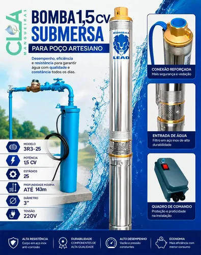 Bomba Submersa Leao 3r3pb-25 180 1,5 Cv Poço Artesiano 3 Polegadas Monofásica Bo
