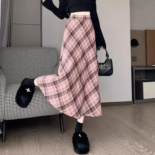 Falda Midi En Forma De A A Cuadros Rosa Para Mujer Elegante