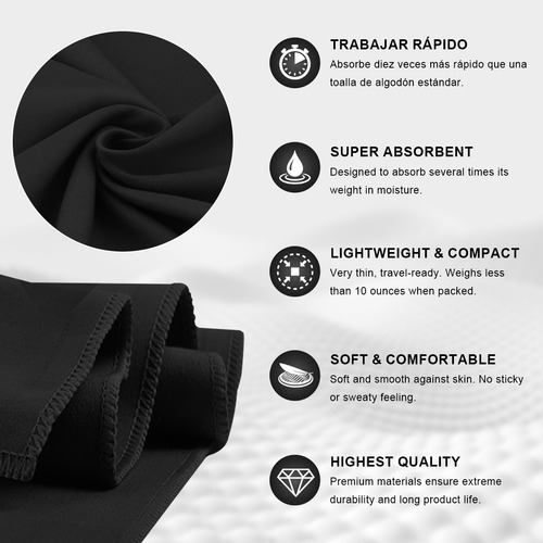 Kidomy 3pzs Negro Toalla De Microfibra Secado Rápido Deportiva