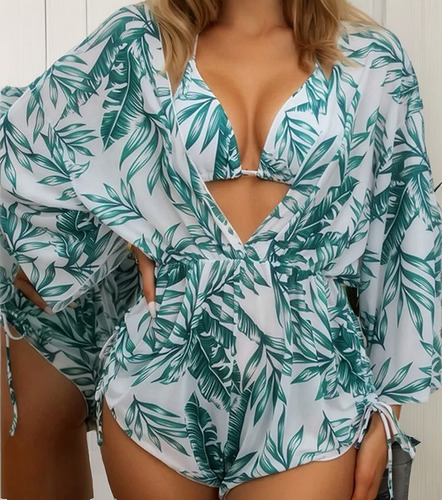 Nuevo Conjunto 3: Bikini Floral Con Kimono For Mujer De