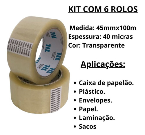 Imagem 2 de 6 de Fita Adesiva 45x100 Durex Largo Transparente (kit 6 Rolos)