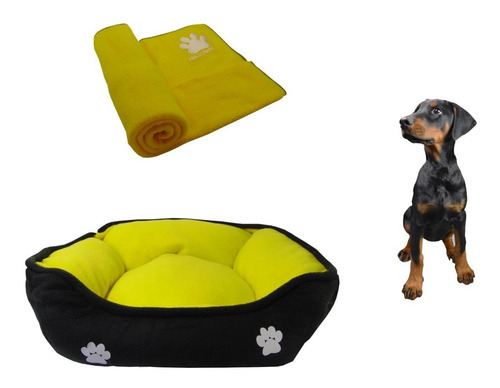 Cama Mediana Doble Faz Para Mascota + Cobija Térmica Color Amarillo