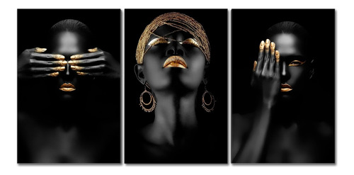 3 Cuadros 60x90 Mujer Africana Dorado Tipo Canvas 0897