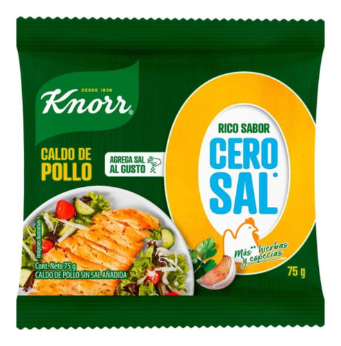 6 Pzas Caldo De Pollo Knorr En Polvo Sin Sal 75 G