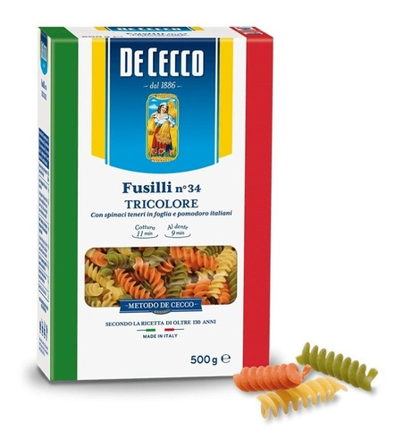 Fideos De Cecco Fusilli N° 34 Tricolor 500 G.