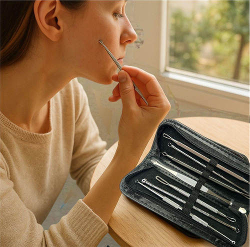 Kit Extrator De Cravos E Espinhas 7 Curetas Aço Inoxidável