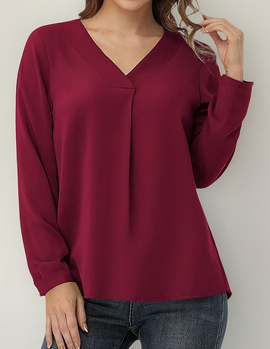 Blusa De Manga Larga Suelta Con Cuello En V Liso Para Mujer