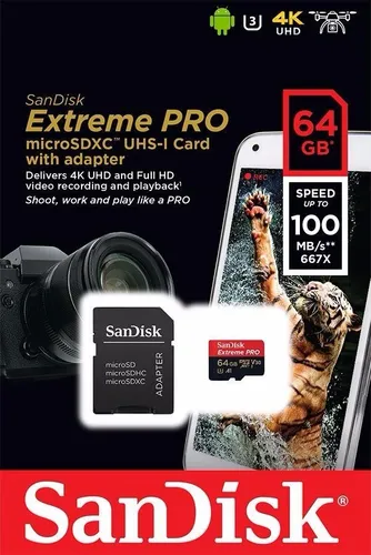 Sandisk Extreme Pro Micro Sd Xc 64gb 100mb/s U3 C10 V30 A1