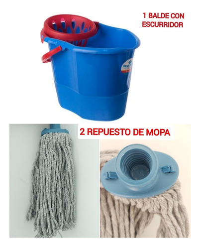 Balde Con Escurridor De 15l + 2 Mopin Mopa Sin Marca A Rosca