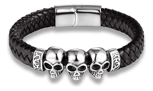 Haquil Pulsera De Cuero Trenzado Con Triple Calavera Negra P