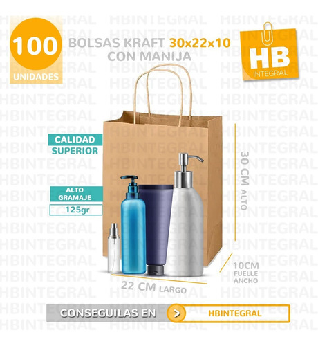 Imagen 1 de 6 de Bolsa De Papel Madera 1era Calidad Con Manija 30x22x10 X100u