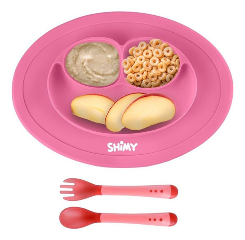 SHIMY Plato Antideslizante para Bebés y Niños con Cubiertos, Silicón de Alto Grado Alimenticio Libre de BPA, Fácil de Limpiar, Ultrarresistente, Evita Derrames y Accidentes, Color Rosa