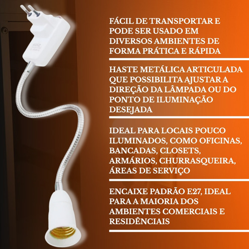 Soquete C/ Tomada Bocal E27 Bivolt 60cm Flexível Lâmpada Luz
