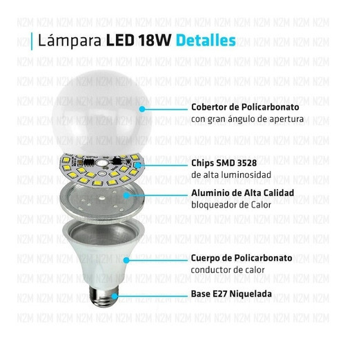 Lampara Led Bulbo 18w Rosca E27 Foco Comun Iluminacion Color Blanco Color De La Luz Blanco Frío