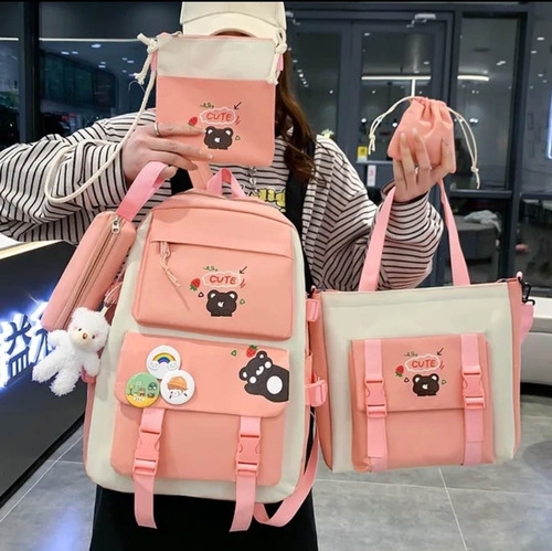 Mochila Coreana De 5 Piezas Kawai Con Pines Y Peluche Zk300