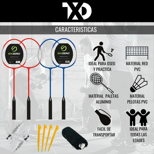 Imagen 2 de 9 de Juego De 4 Raquetas Badminton 2 Plumas Red Bolso Funda Porta