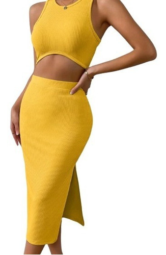 Conjunto Dama Crop Top Y Falda Larga Amarillo