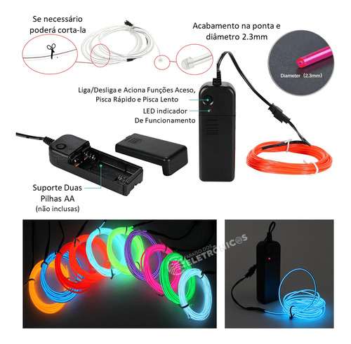 Kit 2 Fios Cordões Neon Led 3 Metros Para Festas E Balada Luz Verde Tensão De Operação 3v 2 Pilhas