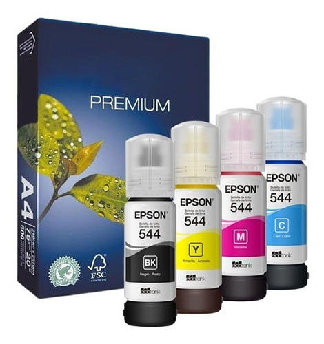 Pack De Tintas Para Epson T544 X4 Colores + Resma Tamaño A4
