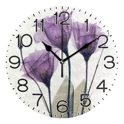 Reloj De Pared Con Diseño De Tulipán Morado, Funciona...