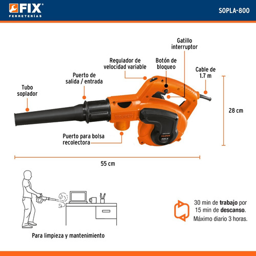 Sopladora Aspiradora Truper 800w Sopla-800 15000 Rpm 127v