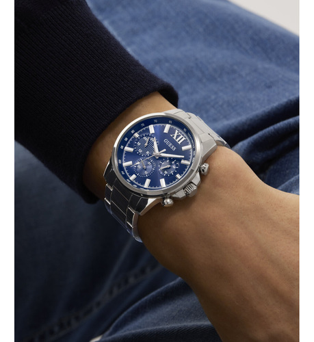 Reloj Guess Walker Caballero Plata Gw0900g4 Correa Plateado Bisel Plateado Fondo Azul