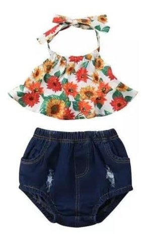 Imagem 2 de 7 de Conjunto Infantil Importado 2 Peças Blusa Com Calcinha Jeans