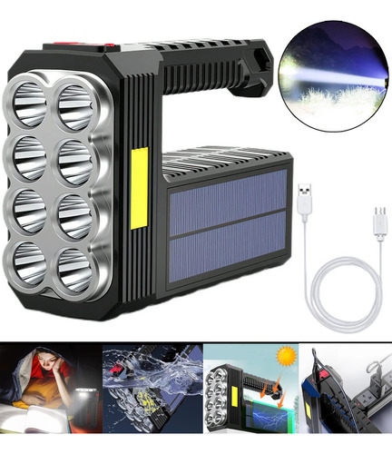 Lampara Táctica 15000 Lm 8led+cob Recargable Solar Usb