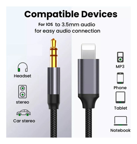 Cable Auxiliar Coche Lighting A 3,5mm Adaptador 1.5m Para Ip