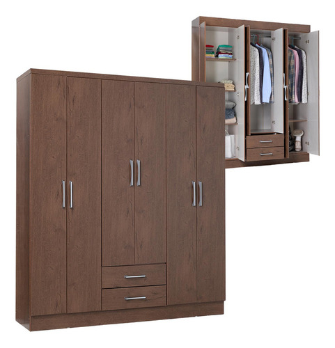 Closet Armario Estructura En Mdp Con 6 Puertas Y Cajones Moderno Color Café Kingshouse