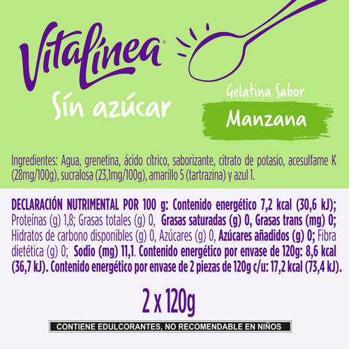 Gelatina de Agua Vitalínea sin Azúcar sabor Manzana Verde 2x120g