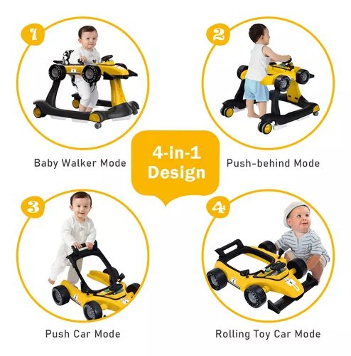  BABY JOY Andador de bebé 4 en 1, caminador de actividad  plegable con altura y velocidad ajustables, música, luces, antivuelco,  andador de empuje para niños y niñas, 6 a 18 meses (amarillo) : Bebés
