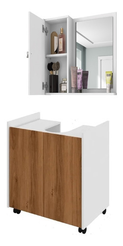 Mueble de lavabo con columna natural y espejo, muebles blancos, color madera, número de orificios para grifo sin orificios