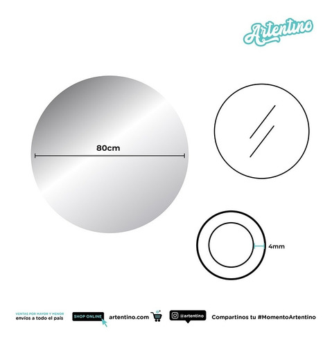 Imagen 3 de 9 de Espejo De Pared Redondo Baño Living 80 Cm 4 Mm Listo Colgar
