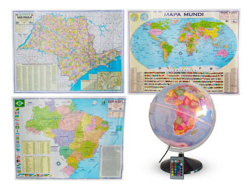 Kit Globo Terrestre Rgb 30cm + Mapas Estado De Sp Br E Mundi