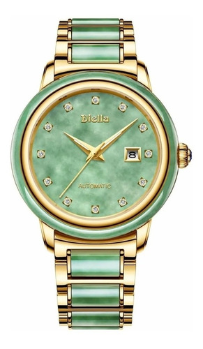 Reloj Automático Mecánico Marca Diella  Verde Jade Y Dorado